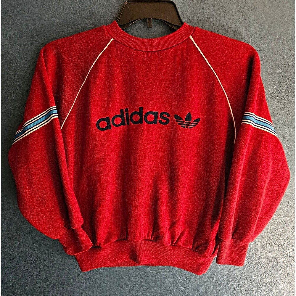 VTG 80s 90s Adidas Sweatshirt Pullover Trefoil Womens L Red Cropped Embroidered